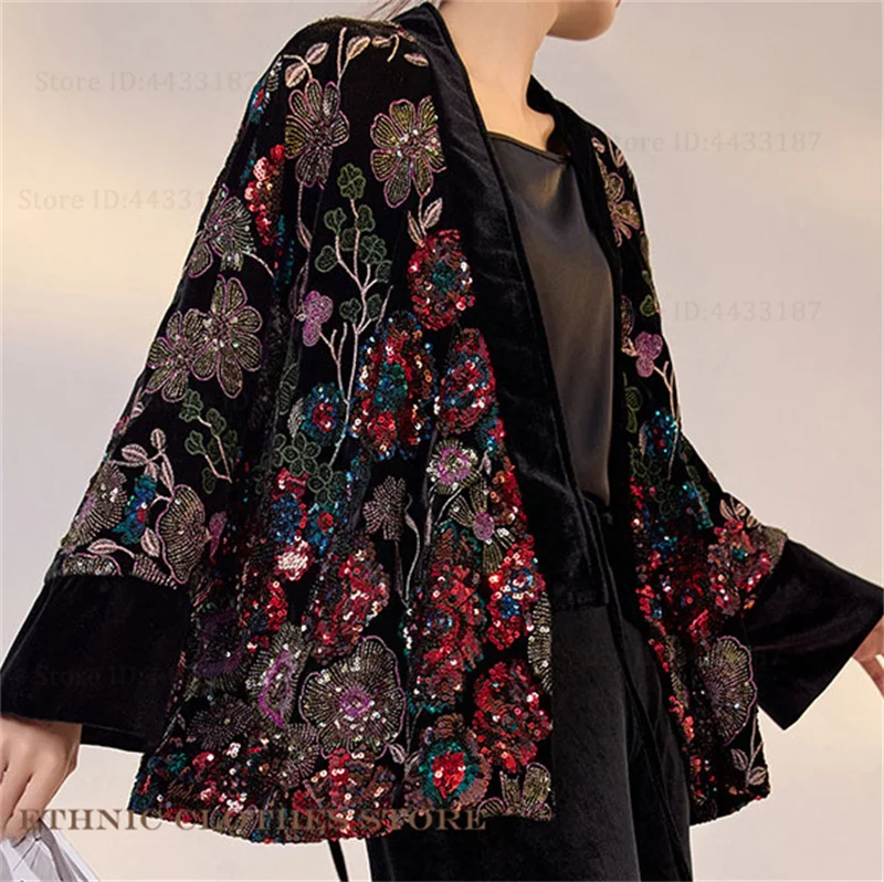 

New Chinese Kimono Cardigan Yukata Haori Embroidery Flower Sequins Outwear Vintage Classic Female Hanfu Jacket Luxury Streetwear
