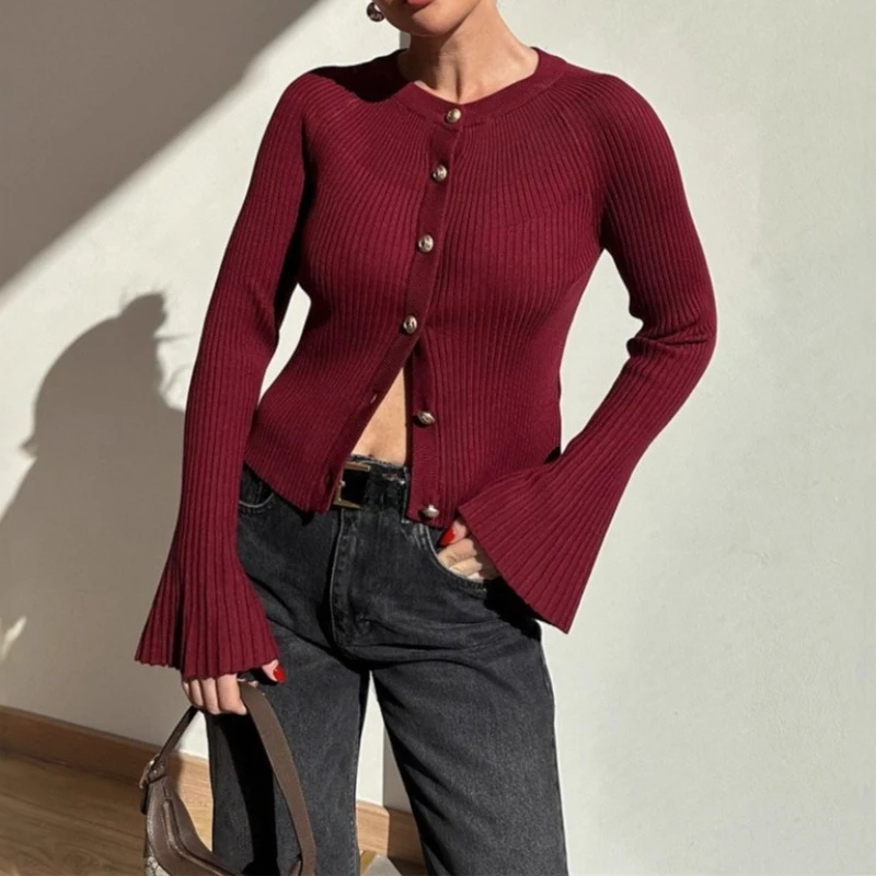 

Autumn Winter Women Cardigan Sweater Thread Female Flare Long Sleeve O Neck Slim Knitted Jackets Casual Vintage Single Breasted