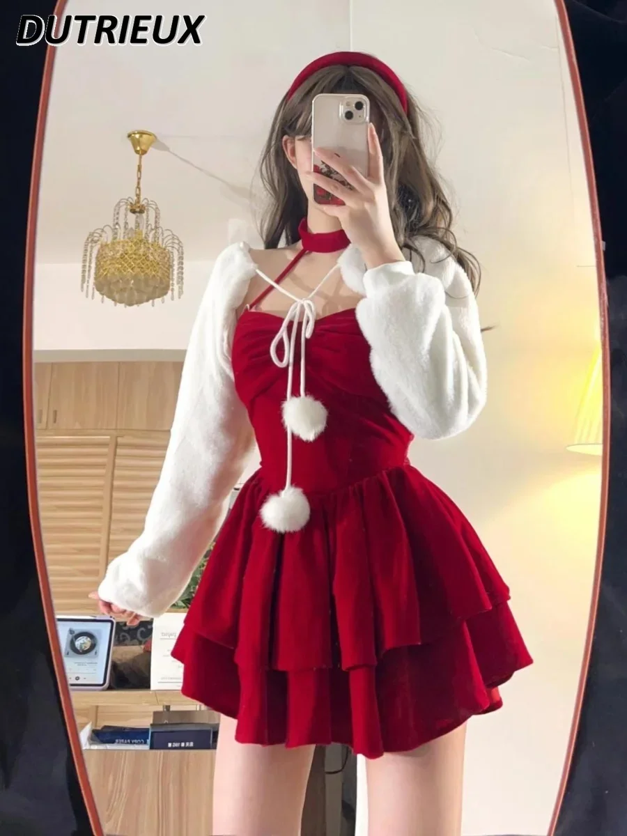 Autumn and Winter Christmas Elegant Outfits Halter Neck Dresses Sweet Cute White Coat and Dress Two-piece Set for Women