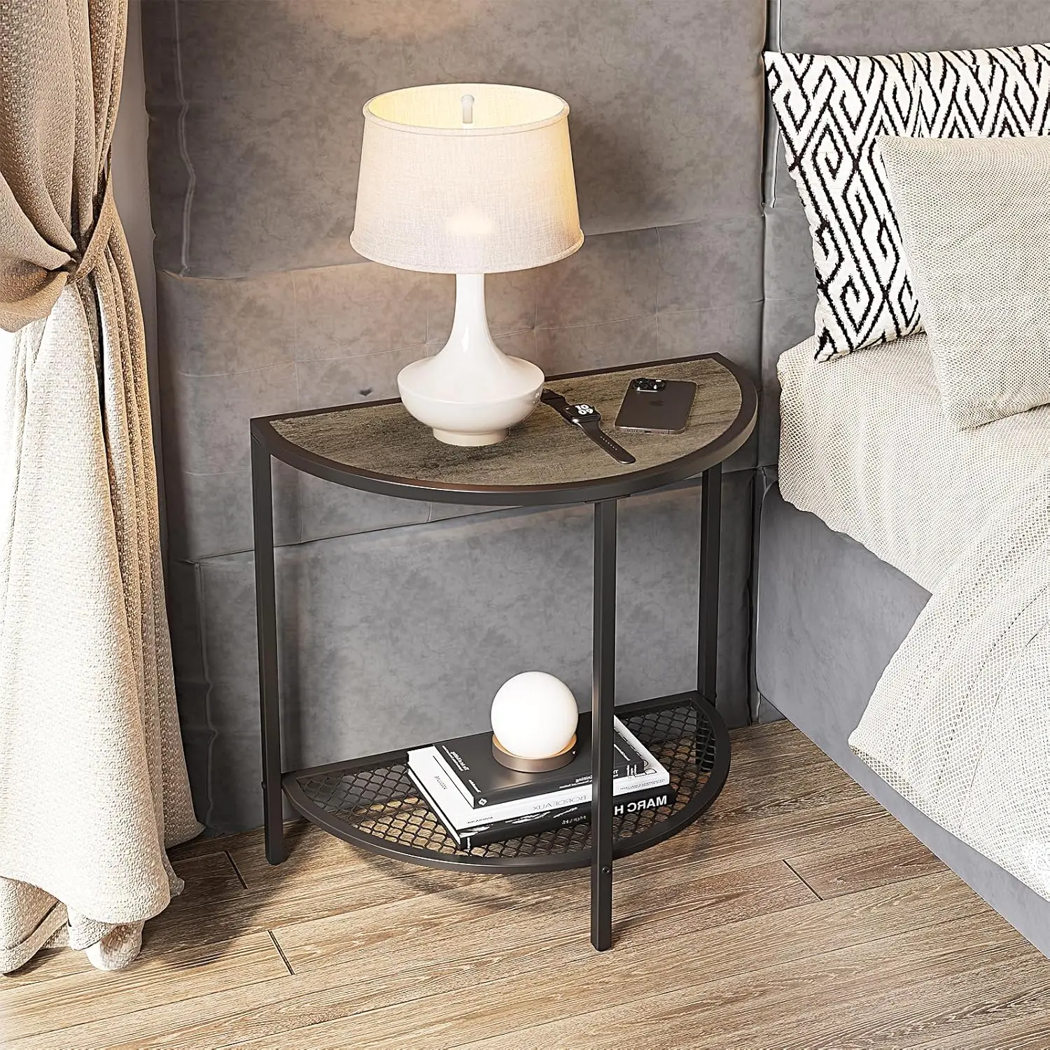 

Small Half Moon Side Table 19.7'' Bed Night Stand 18.7"*10.4" Gray End Tables for Living Bed Room 2 Tier Faux Wood Couch Tabl