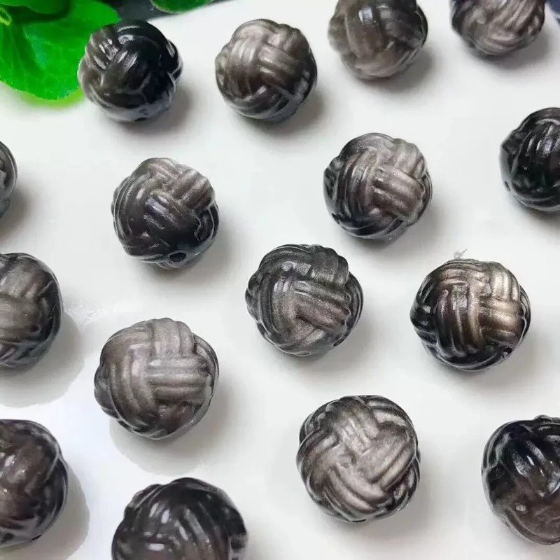 Natural obsidian silver obsidian through-hole pom-pom DIY handmade beaded accessories