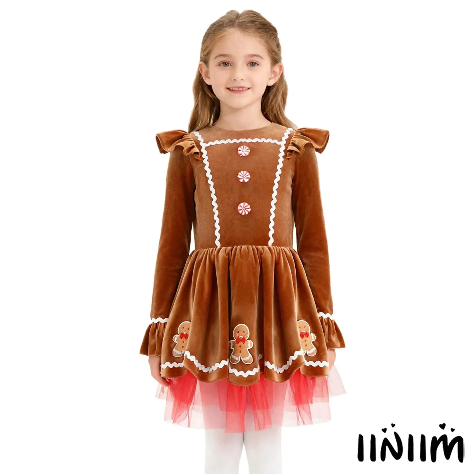 

Girls Christmas Gingerbread Man Costume Long Sleeve Adorned with Wave Braided Tape Cute Patch Back Invisible Zipper Tutu Dress
