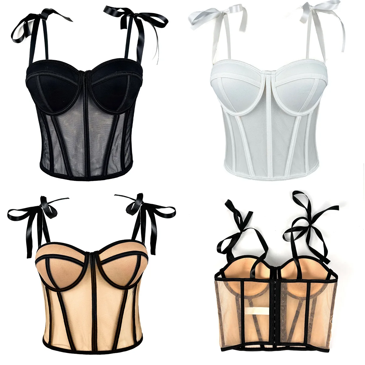 

Women Sheer Bow Corset Top Crop Bustier Gothic Bra Push Up Bodice Sexy Lingerie Corselet Party Short Camis Streetwear Tank Tops