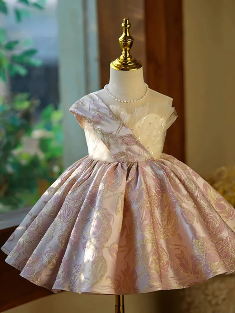 Luxury Flower Girl Dress Shiny sequin Retro Girls birthday party Dresses for Wedding jacquard Sleeveless 2024 Kids Dress