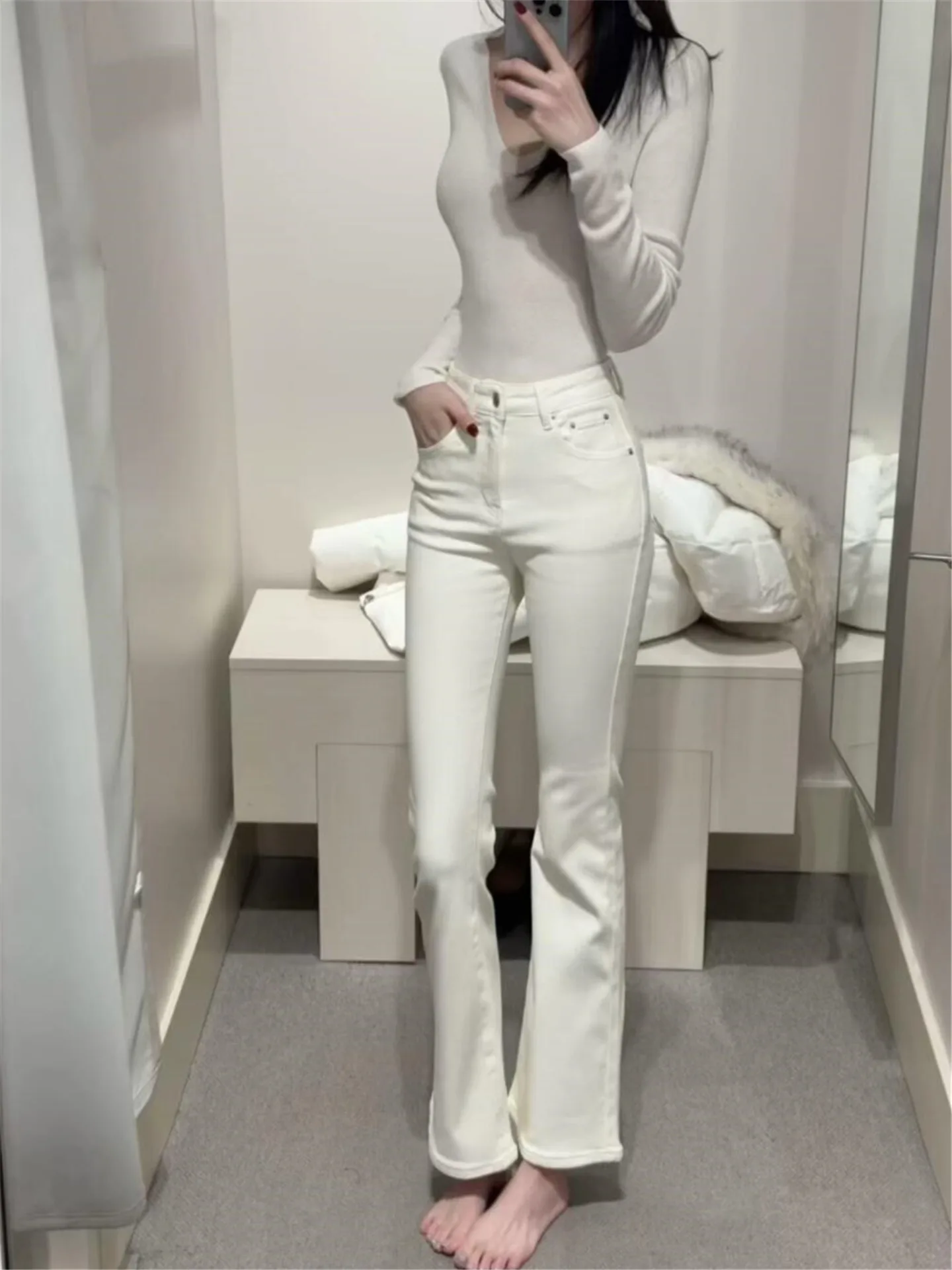 

Extended High Waist White Bell Bottom Jeans Women's Casual Vintage Spring Autumn Slimming American Style Floor Length Pants