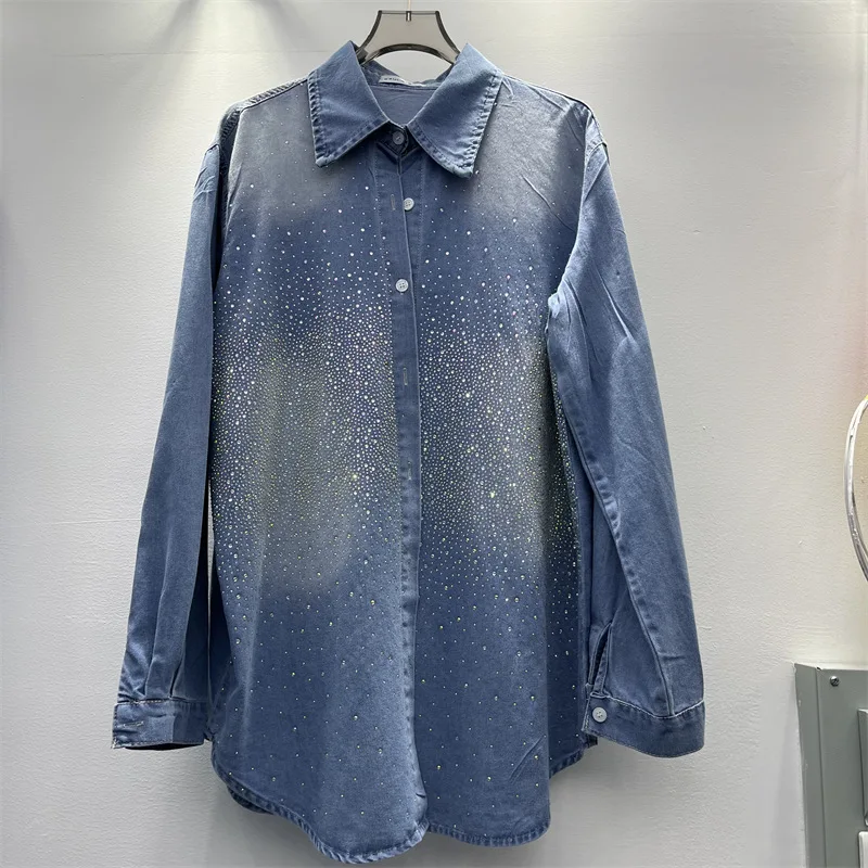 

Джинсовая куртка SuperAen Spring 2026 с новым дизайном и стразами, синяя рубашка, женский повседневный топ в корейском стиле с воротником-поло и длинными рукавами