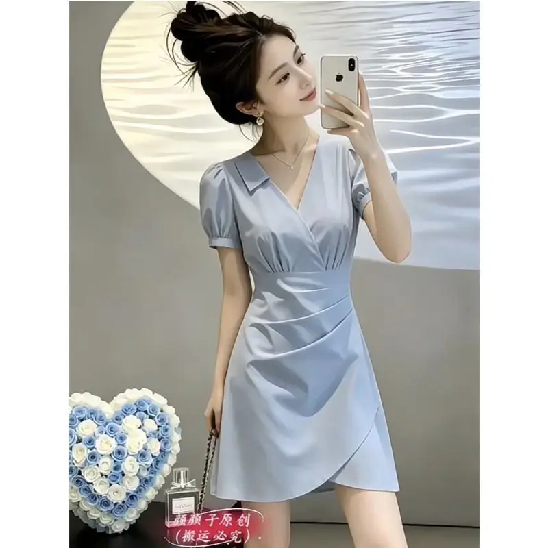 Women Clothes Summer Korean Fashion Office Lady Simplicity Elegant Solid Color V-neck Female All-match Fashionable Casual Dresse