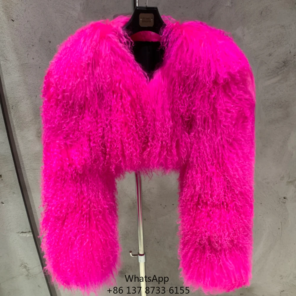 

Ярко-розовое женское пальто из натурального кудрявого меха овцы, монгольское меховое пальто с воротником
