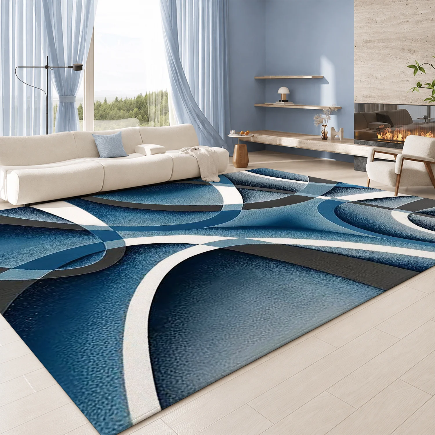 Large Indoor Area Rug, Soft Velvet Low Pile Non-Slip Dotted Backing Machine Washable Abstract Blue Gray White Curved Pattern Rug for Living Room Bedroom