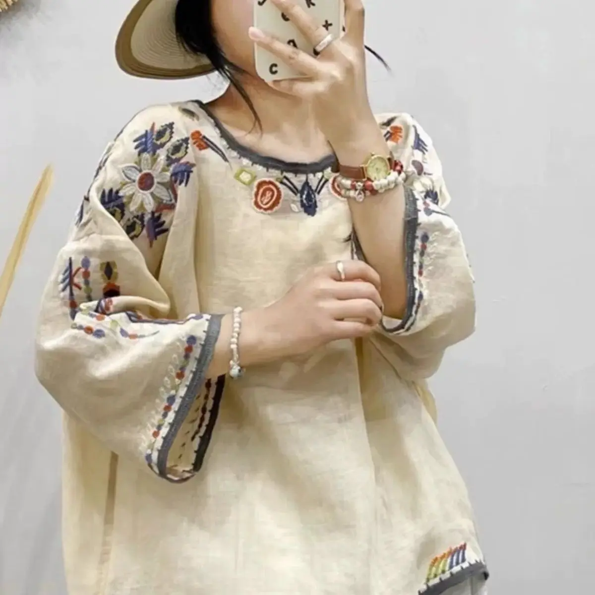 

Spring Summer 2026 New Cotton Linen round Neck Nine Sleeve T Shirt Women plus Size Cover Belly Base Shirt Comfortable Breathable