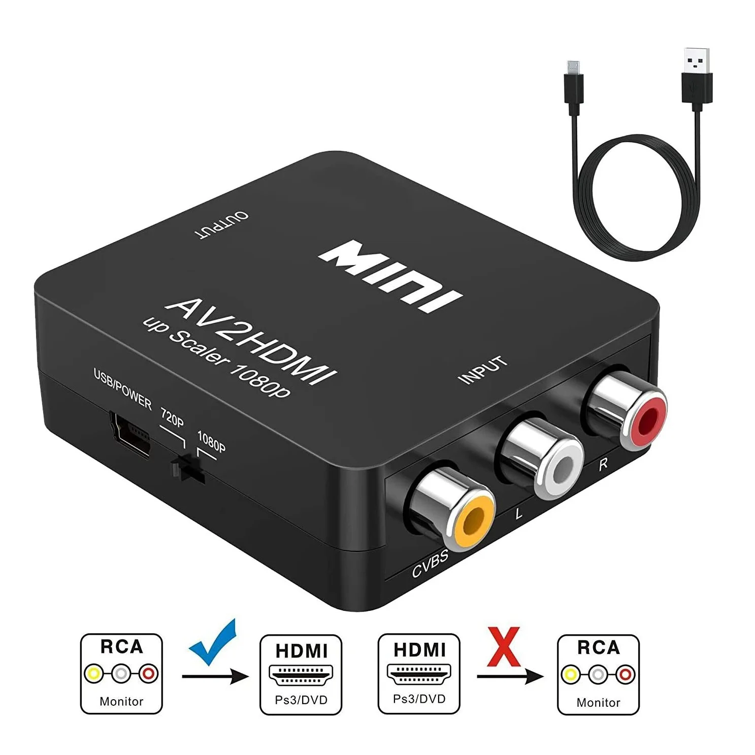 RCA To ,AV To  Converter,1080P Mini RCA CVBS Video Audio Converter Adapter PAL/NTSC For TV/PC/ PS3/ STB/ VHS