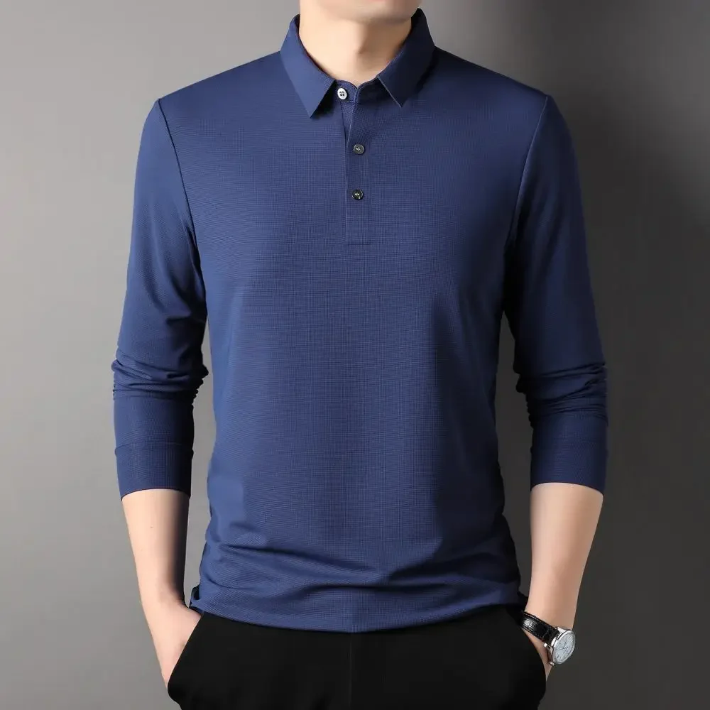  2024 Men's Casual Comfortable Basic Polo-Collar Pullover Autumn Spring Thin Tops Basic Bottoming Solid T-shirt W5865