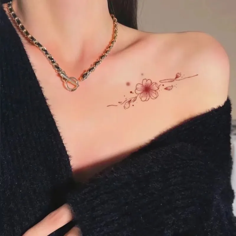 Pink Sakura Flower Temporary Tattoo for Women Clavicle Shoulder Art Flower Tattoo Stickers Japanese Cartoon Fake Floral Sticker