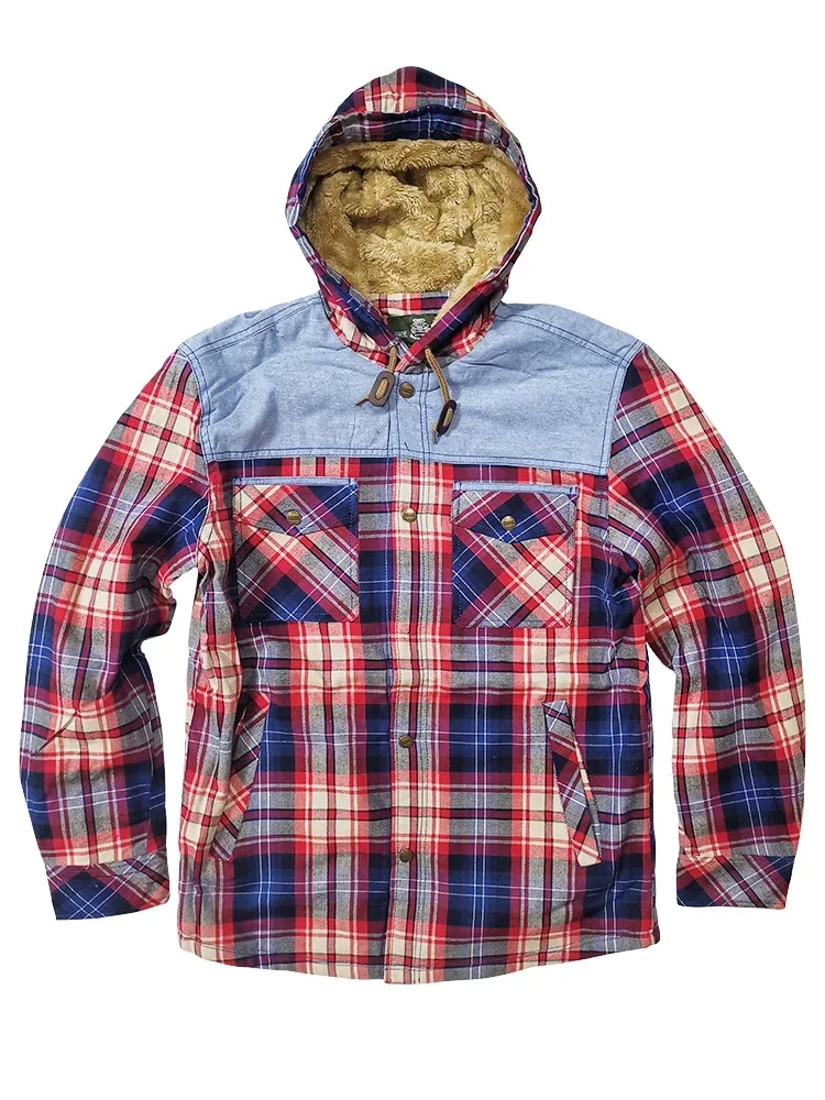 

Spring Autumn Shirts Men Fleece Shirts for Men Plaid Cotton Hooded Single Breasted Corduroy Plush Lamb Wool Chemise Homme