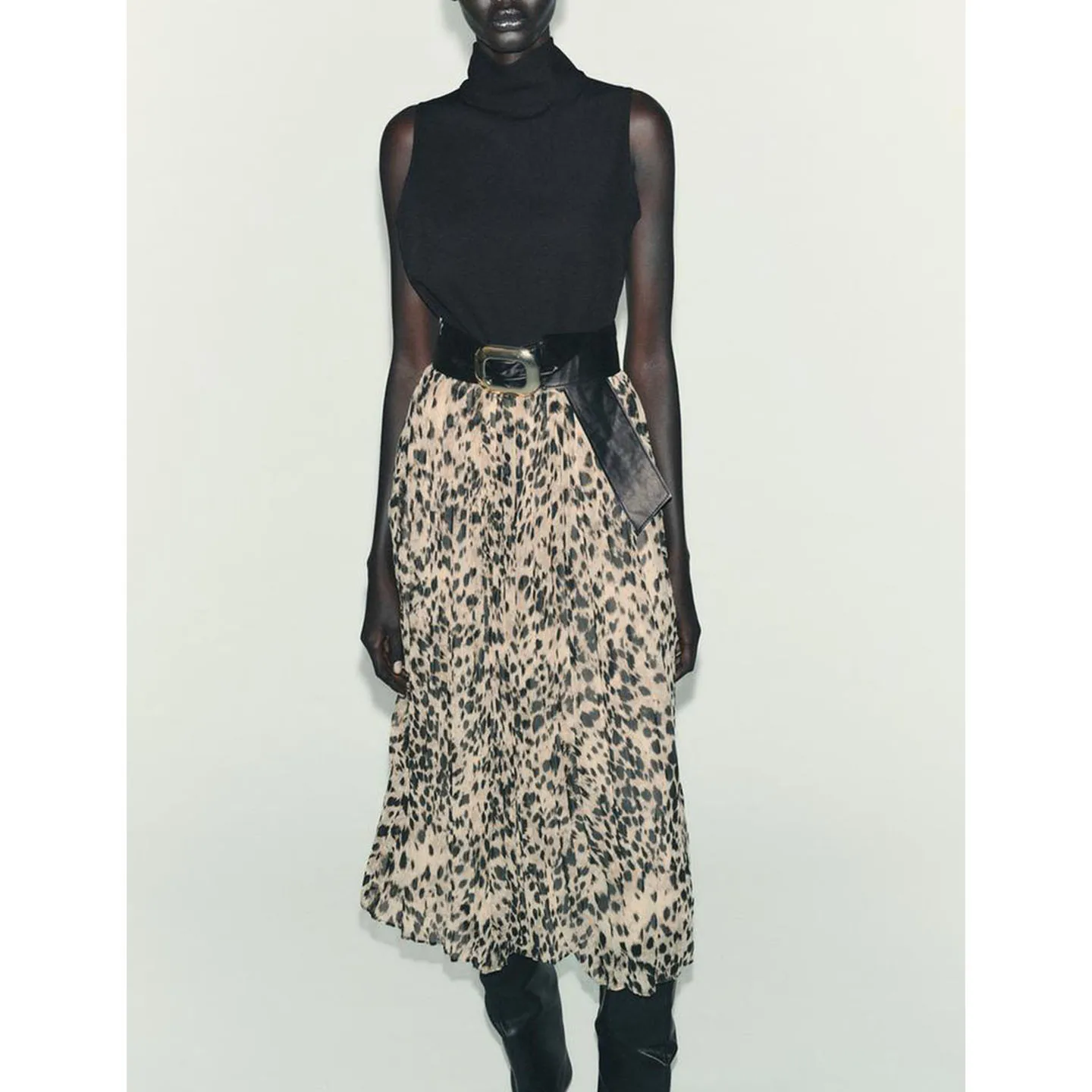 Outono feminino gola alta Svel estampa animal patchwork com cinto Midi Dr tecido de seda reunido versão X bola de ajuste solto...