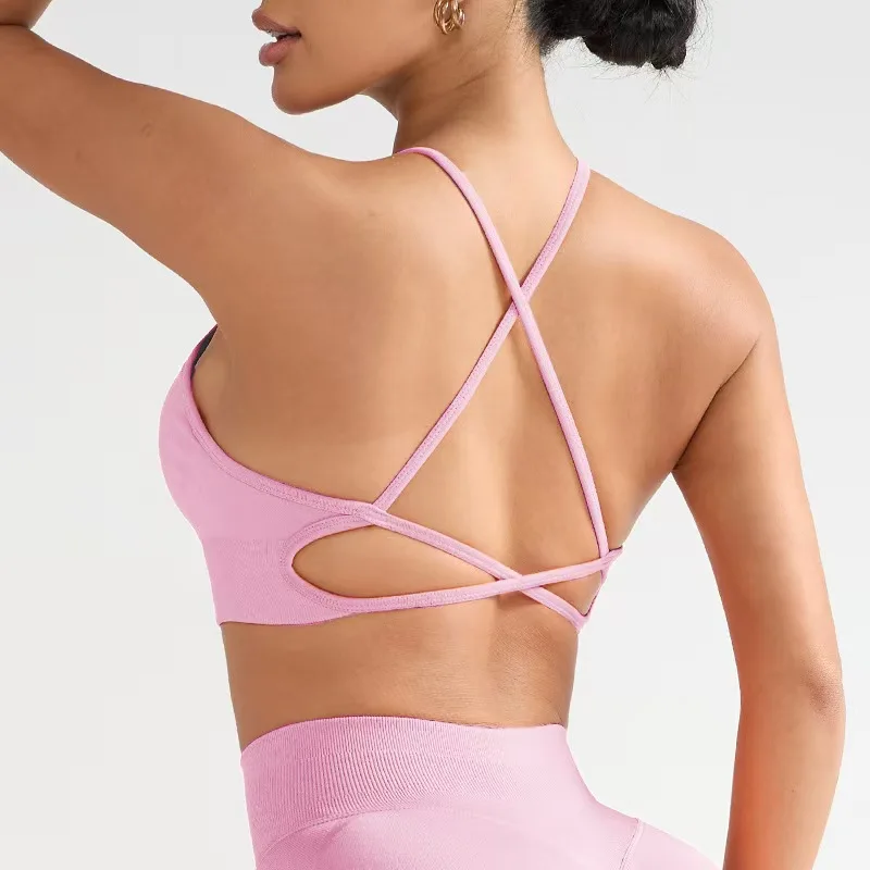 Sujetador deportivo acolchado DFCF con espalda cruzada, top corto de yoga sin costuras, top atlético para mujer con espalda