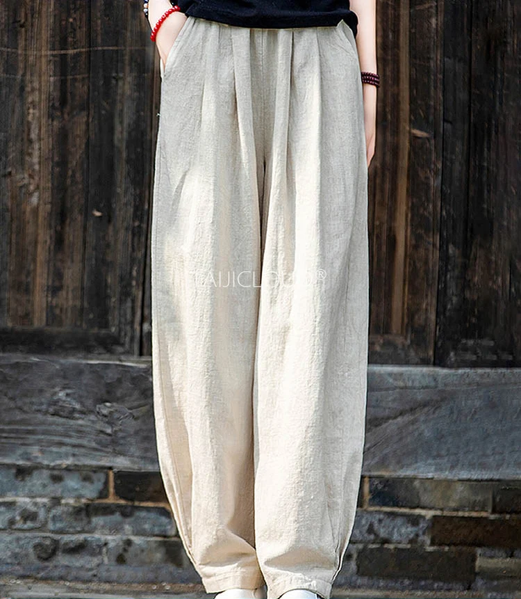 

2025 Linen Harem Pants - Premium High-Waisted Wide-Leg Trousers for Tai Chi & Daily Wear, Vintage Style Martial Arts Pants