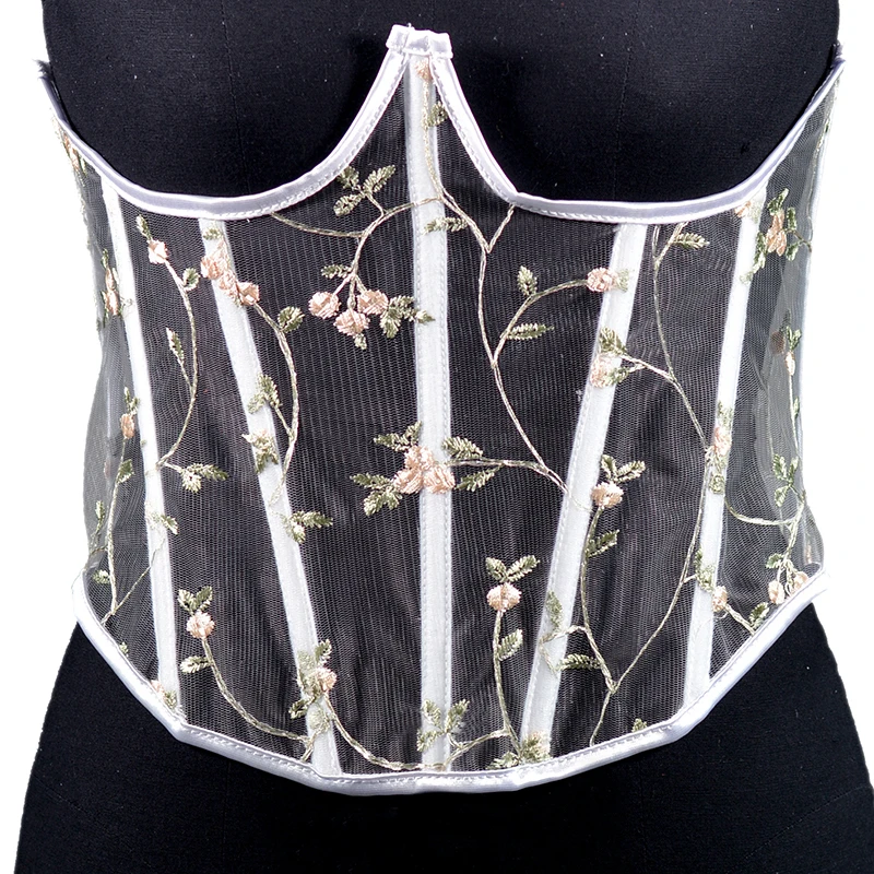 

Women Push Up Underbust Corset Floral Embroidery Mesh Waist Cinchers Lace-up Tight Body Shaper Waist Trainer Belt Girdle