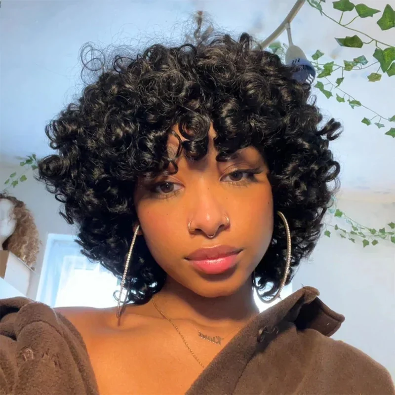 Парик из натуральных волос 2026 Rose Curly Short Bob с челкой, полностью машинной работы, 250% плотность, для чернокожих женщин, бразильские волосы Remy YLVLF