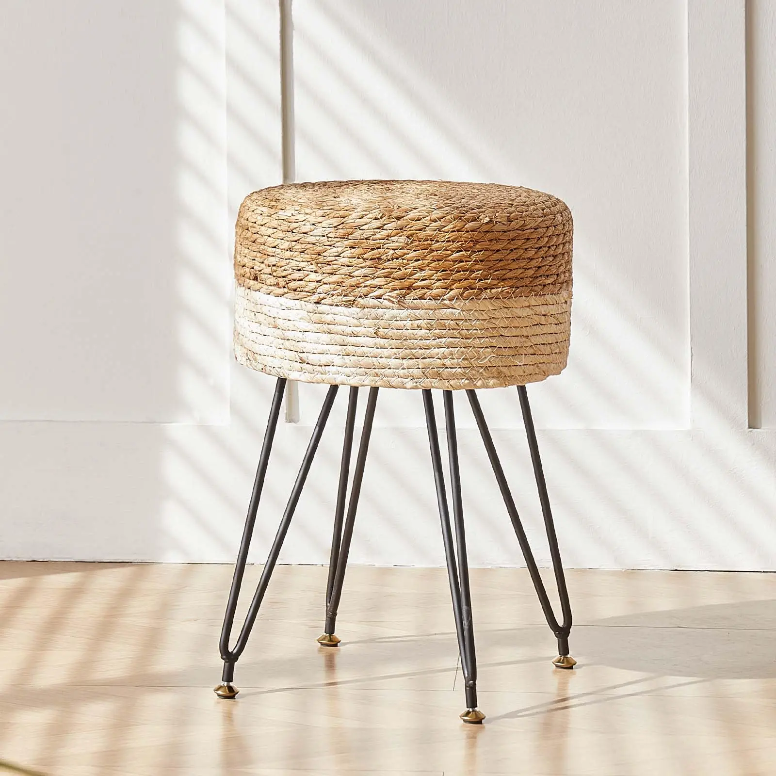 

Handwoven Seagrass Vanity Stool With Black Metal Hairpin Legs And Natural Two-Tone Weave Design