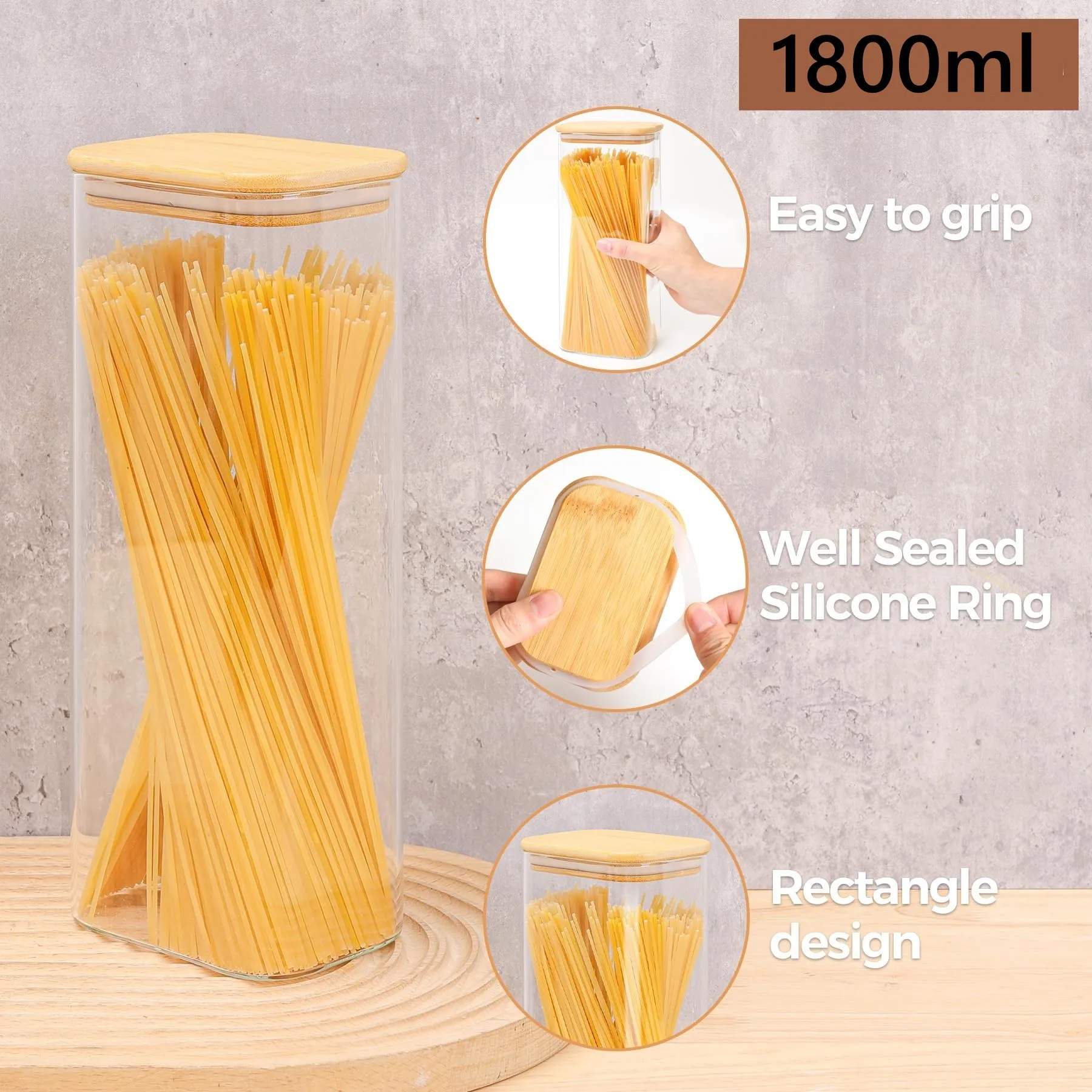 Kitchen Rectangle Clear Storage Jars with Bamboo Lids For Sugar Coffee Pantry Organizer Container for Pasta Tea Candy Nuts