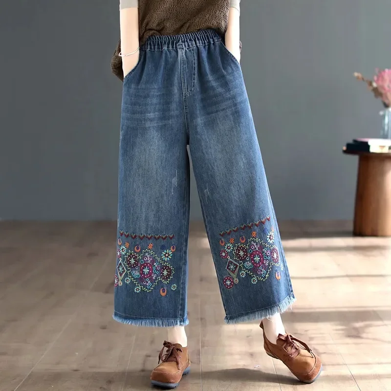 Retro National Style High Waist Embroidered Jeans Female Spring Autumn New Loose Wide-Leg Denim Trousers Women's Clothing B38