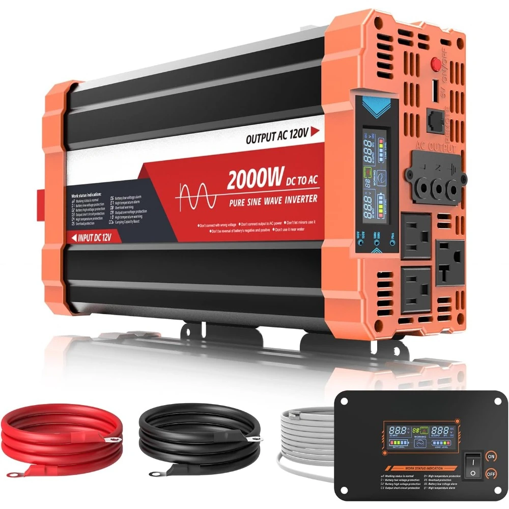 2000W Pure Sine Wave Inverter, Car Power Inverter 12V to 120V AC Converter for RV, Truck, Solar, Outdoor with Dual AC