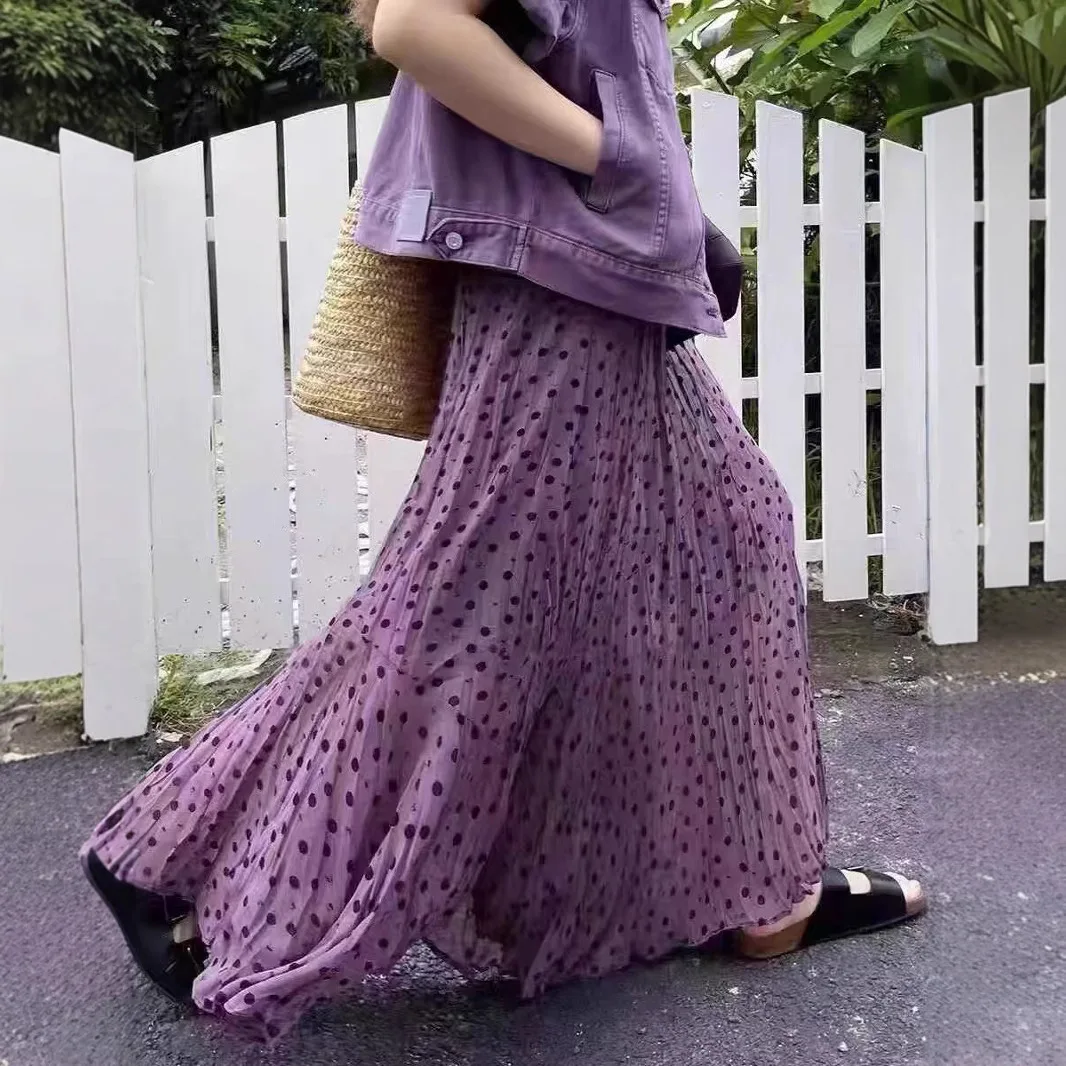 

Dream purple polka dot chiffon skirt 2025 new women's elastic waist drape thin long skirt pleated pendulum skirt