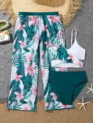 3 Pieces Tropical Print Bikini 2026 Girls Swimsuit with Skirt Kids Swimwear Female Bathers Bathing Swimming Swim Suit Beachwear