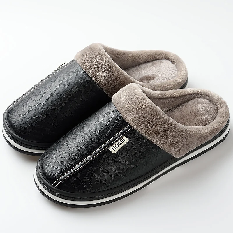 Men slippers leather Home slippers for men Waterproof Warm House slippers Male Fur Slippers Couple Platform Fluffy Big Size 50