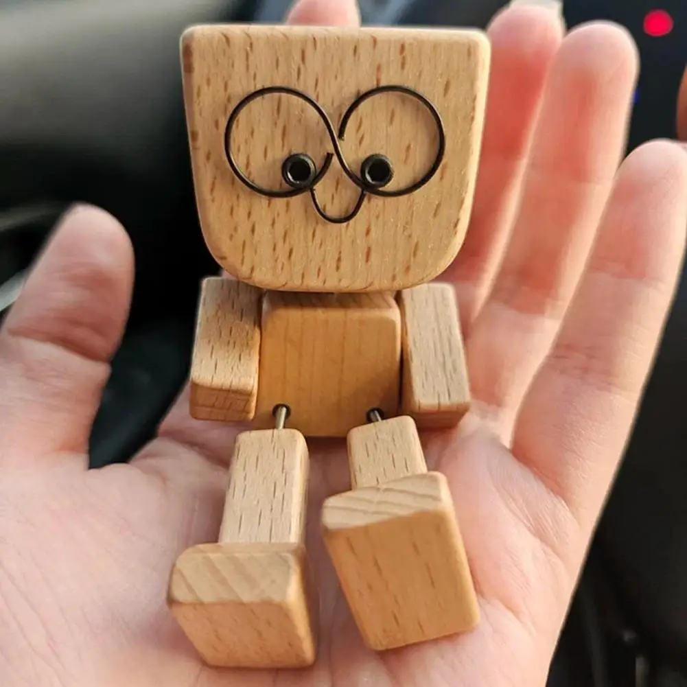 Shaking Wooden Man Figurine Car Decoration Small Ornaments Leg-swinging Robot Figurine Cute Wood Man Car Good Creative Gifts