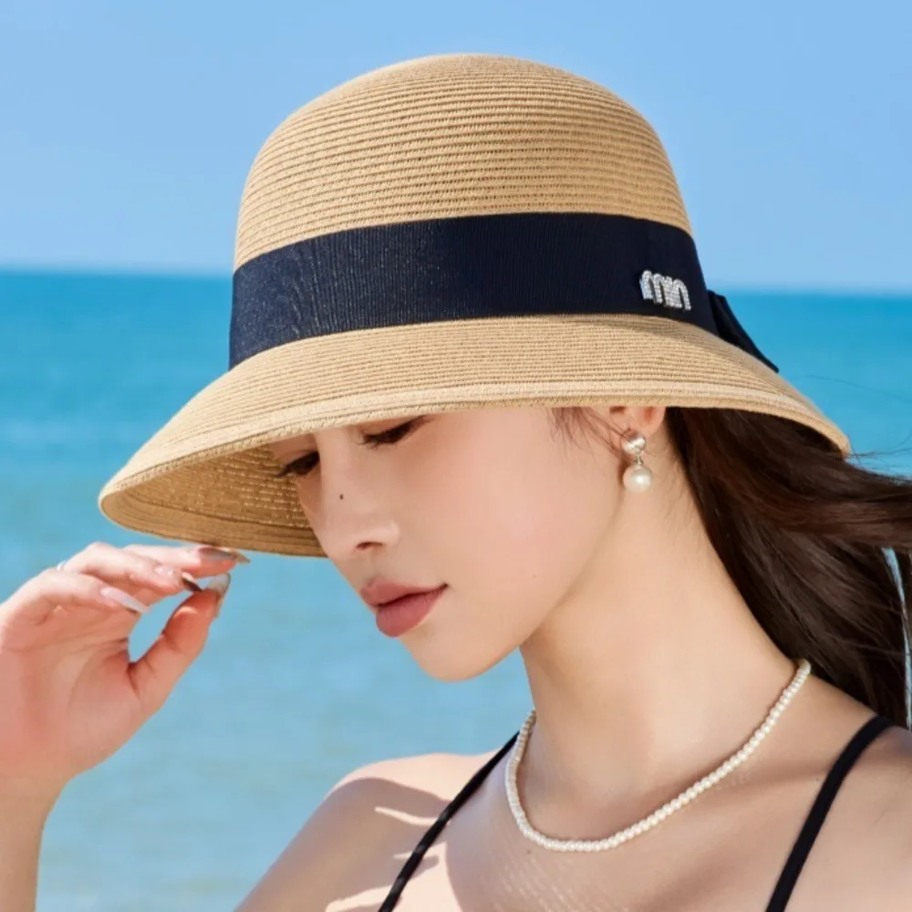 

Summer bow webbing sunshade straw hat women's wide-brimmed rear split beach hat versatile vacation sunscreen bucket hat