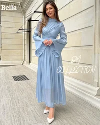 Bella Light Blue Prom Dresses High Neck Modest A-line Wedding Dress Customized Long Sleeves Chiffon Pleats Vestidos De Fiesta