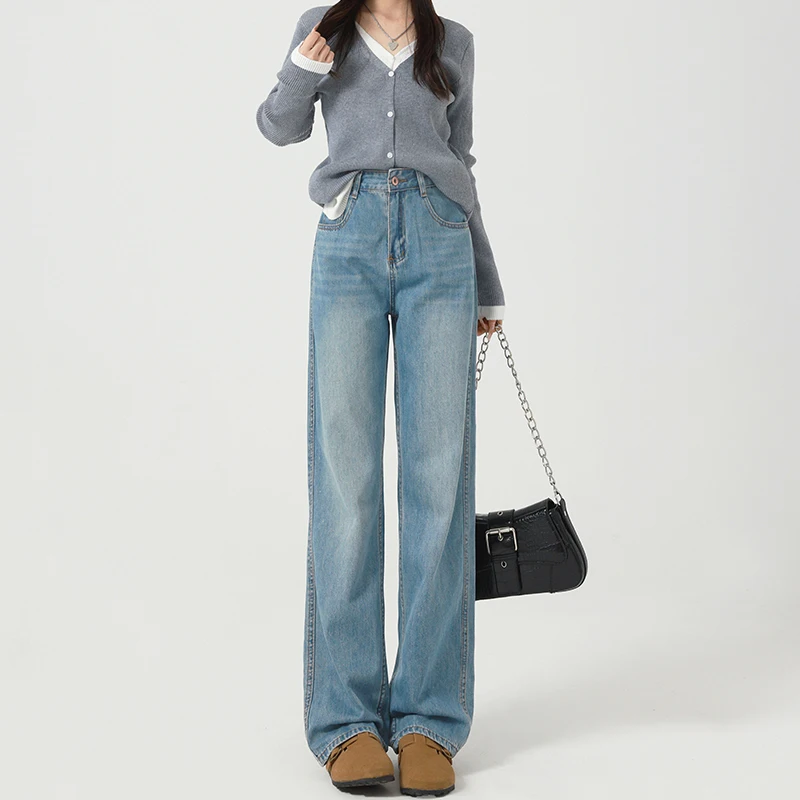 High Waist Fleece Lined Thick Wide Leg Jeans Women's Loose Slim Fit Warm Straight Cut Long Pants Winter Casual Cotton Denim