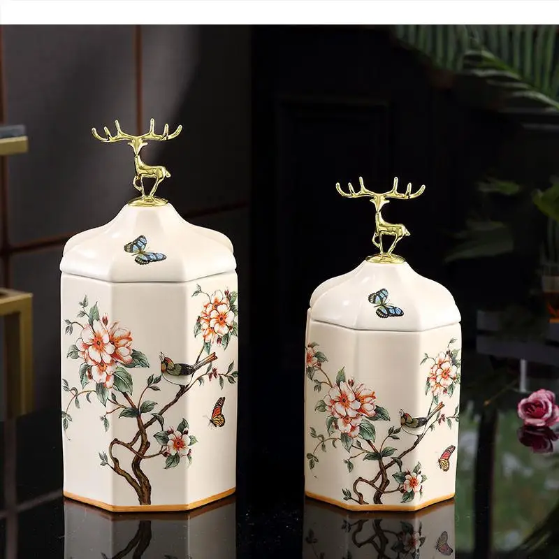 Ceramic Storage Deer Cover Tea Tin Sealed Jar Moisture-proof Caddy Decorative Organizer Ashtray Crafts