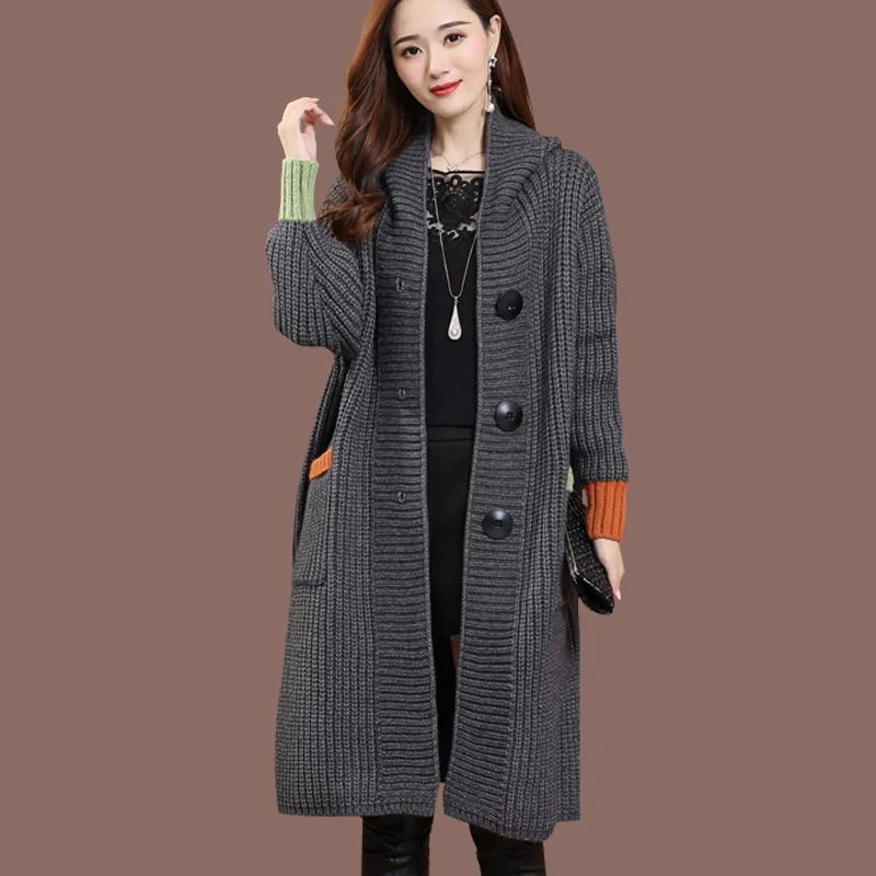 Fat mm Knitted Cardigan Medium length Women 2023 Autumn/Winter New Thick Thread Coat Female Hooded Overlay Sweater Coat Outwear