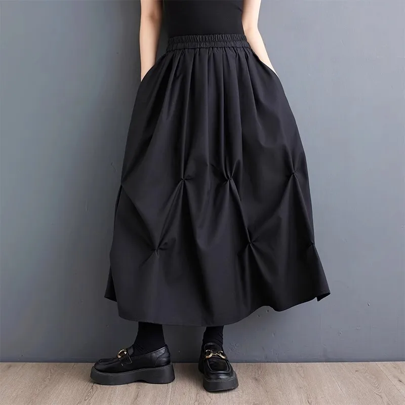 

#3030 Autumn Winter Black Irregular Skirts Women Folds Streetwear A-line Skits Female Elastic Waisted Gothic Skirt Ankle-length