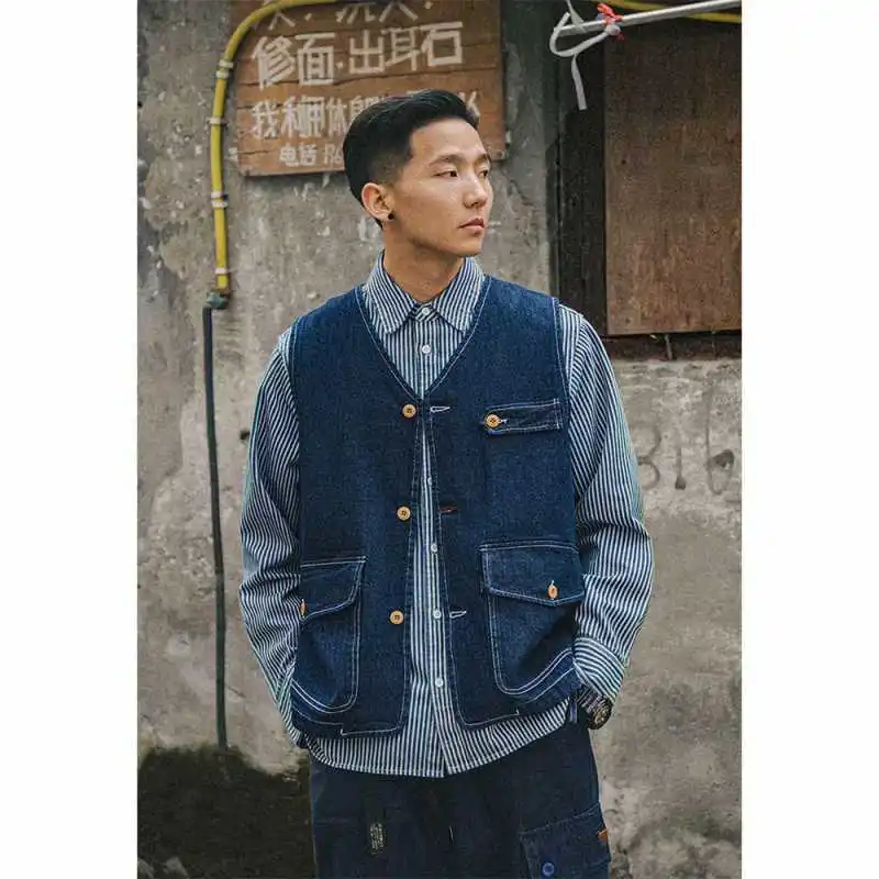 

2023 Men's Simplicity Stylish Multi-Pocket Denim Vest Youth All-Matching Slim-Fit Art Style Denim Vest