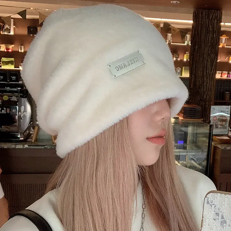 Women Plush Baggy Beanies Hats Winter Thicken Warm Solid Fleece Wool Skullies Hat Outdoor Coldproof Caps Female Gorros Bonnet