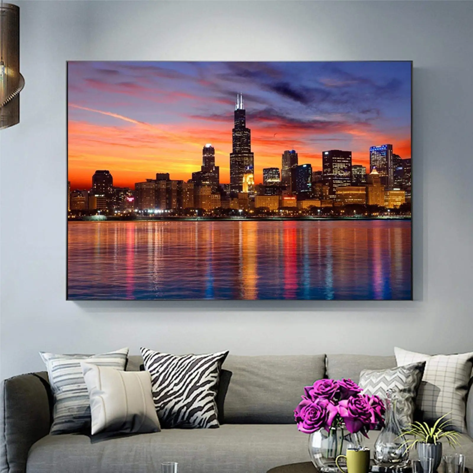 Panoramabild auf Leinwand Kunstdruck-Skyline von Chicago City Landschaft Bilder-Modern Gemälde auf Leinwand