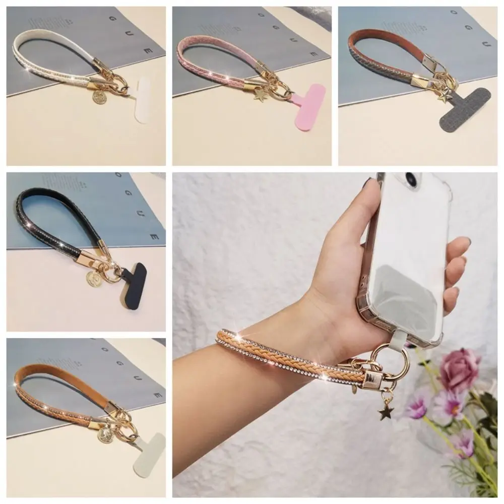

PU Leather Leather Wrist Mobile Phone Lanyard Rhinestone Anti-loss Leather Durable Portable Pendant Chain Short Durable
