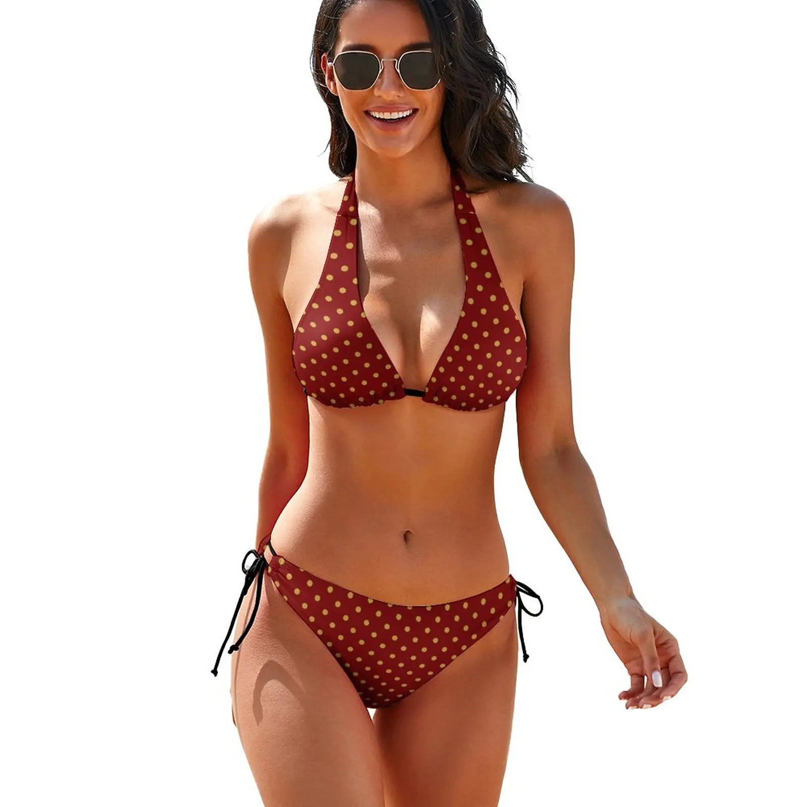 

Retro Gold Dot Bikini Swimsuit Push Up Festive Polka Dots Bondage Bikinis Set Stylish Swimwear Women Sexy Surf Bathing Suit
