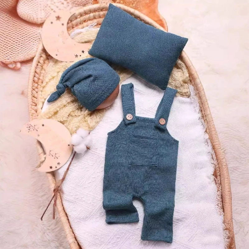 3 Pieces /Set Newborn Photo Shooting Costume Infant Jumpsuit Overalls with Sleepy Hat Pillow Baby Boy Photography Props