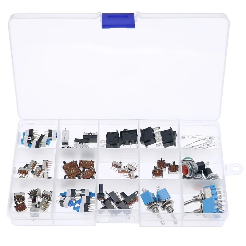 Push Button Tactile Switch Variedade Kit, DIP Tact Toggle Switch, ON e OFF Power, 15 Valor, 62pcs