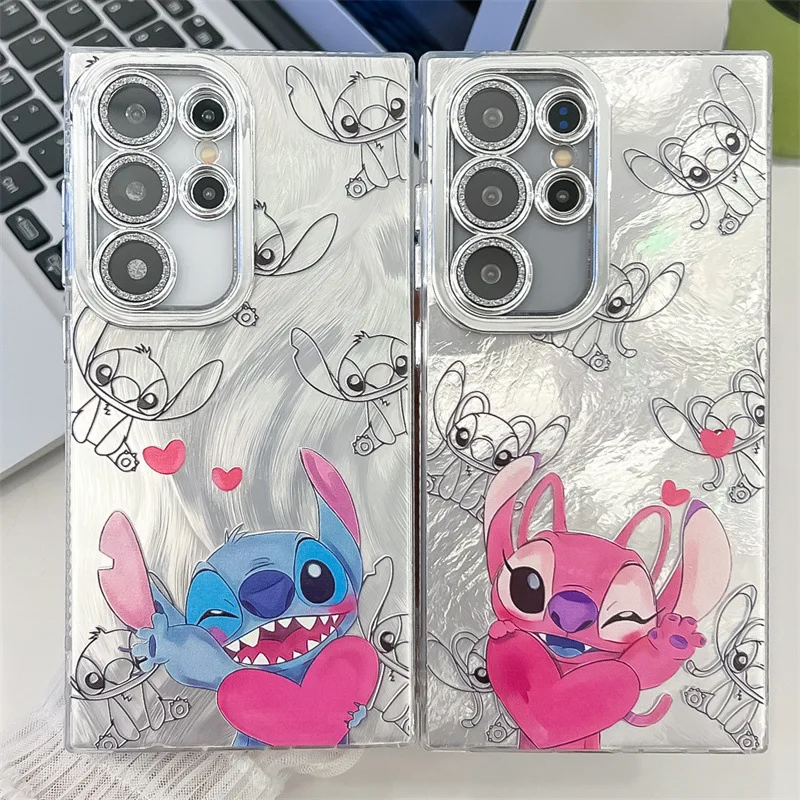 귀여운 만화 스티치 앵글 커플 폰 케이스 삼성 갤럭시 S23 S24 S25 울트라 플러스 A56 A55 글리터 렌즈 필름 충격 방지 커버