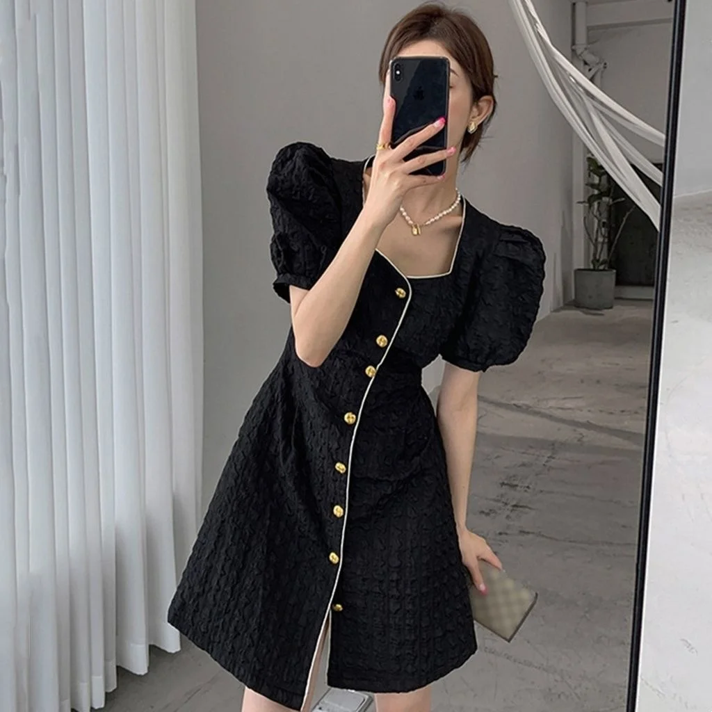 Large Black Dress Elegant Women Slim Bubble Sleeve Little Female Pang Mm High Class Square Neck Single Breasted Dress Fashion