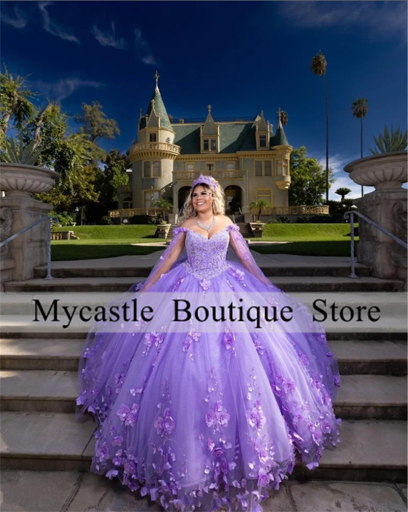 Light Purple 3D Flowers Ball Gown Quinceanera Dresses 2023 Off Shoulder Cloak Beaded Sweet 16 Dress Birthday Vestido De 15 Anos