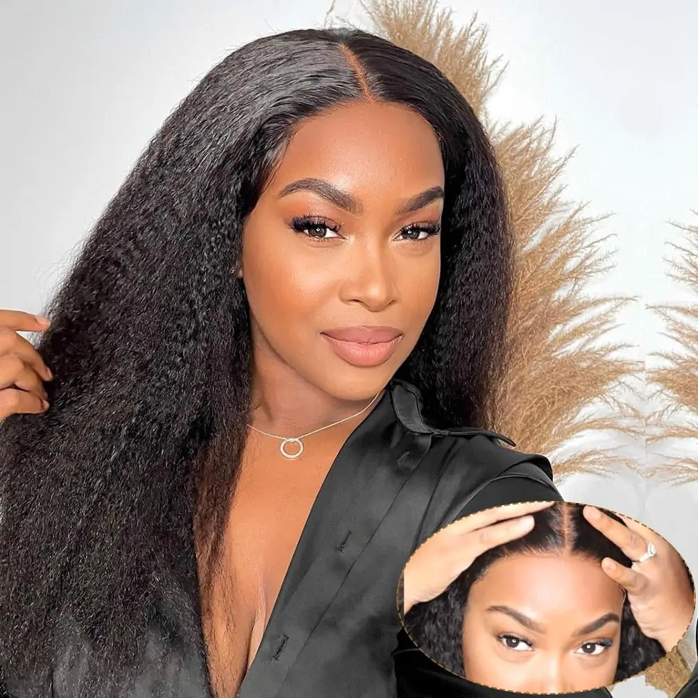 Wear and Go Glueless Wigs Human Hair Yaki Pre Plucked Pre Cut Kinky Straight 360 HD Full Lace Frontal Wigs Human Hair for Women