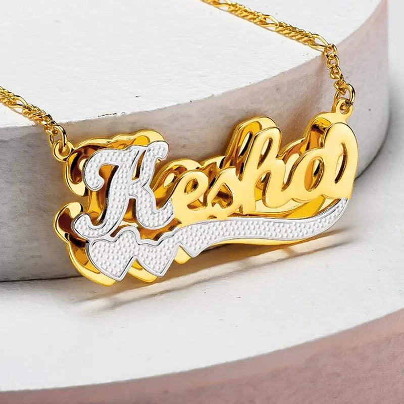 

KristenCo Custom Double Nameplate Necklace With Two Heart Personalized 18K Gold Plated Name Pendant Jewelry Gift For Women