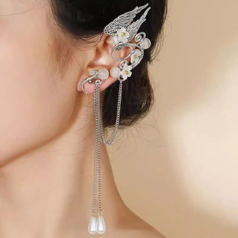 Left Ear Right Ear Alloy Elf Ear Clip Elf Ear Crystal Long Tassel Earrings Jewelry Accessories Hollow Out Wings Ear Cuff